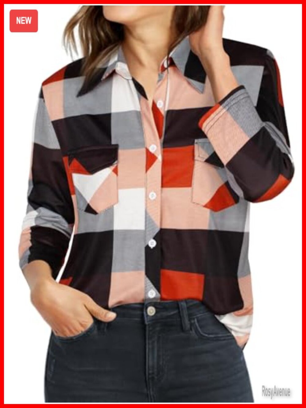 Womens Plaid Button Down Blouse 3/4 Sleeve Tunic Top Collared Shirt